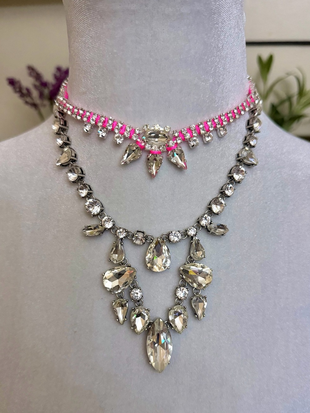 Stella & Dot Neon Dream Hot Pink And Silver Layered Rhinestone Statement Choker